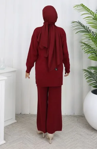 Gebreid Tuniek Met Zakken En Parels Tweedelig Pak 1070-05 Bordeauxrood 1070-05