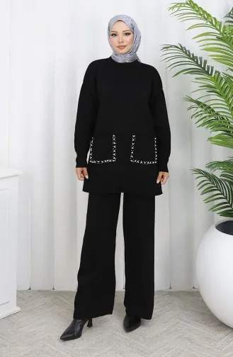 Ensemble Deux Pièces En Tricot Avec Poche Et Perles Tunique Et Pantalon 1070-06 Noir 1070-06