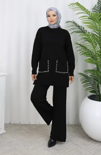 Ensemble Deux Pièces En Tricot Avec Poche Et Perles Tunique Et Pantalon 1070-06 Noir 1070-06