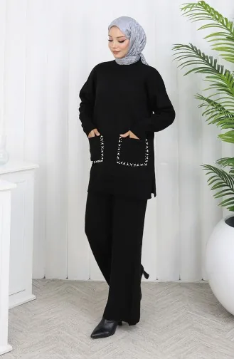 Ensemble Deux Pièces En Tricot Avec Poche Et Perles Tunique Et Pantalon 1070-06 Noir 1070-06