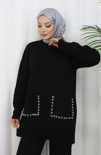 Ensemble Deux Pièces En Tricot Avec Poche Et Perles Tunique Et Pantalon 1070-06 Noir 1070-06