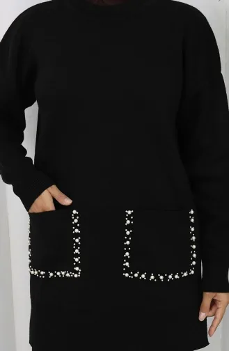 Ensemble Deux Pièces En Tricot Avec Poche Et Perles Tunique Et Pantalon 1070-06 Noir 1070-06
