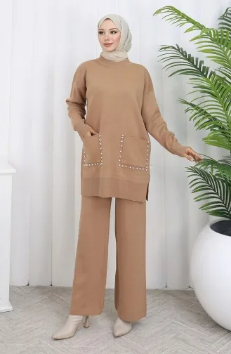 Ensemble Deux Pièces En Tricot Avec Poche Et Perles Tunique Et Pantalon Couleur Café Au Lait 1070-08 1070-08