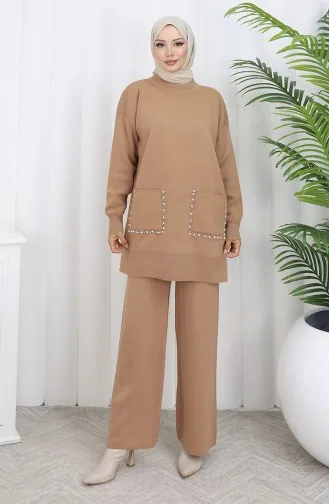 Ensemble Deux Pièces En Tricot Avec Poche Et Perles Tunique Et Pantalon Couleur Café Au Lait 1070-08 1070-08