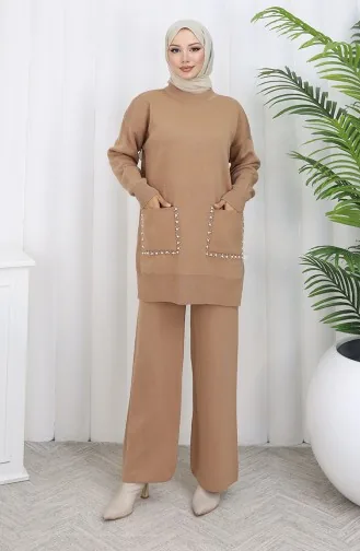 Ensemble Deux Pièces En Tricot Avec Poche Et Perles Tunique Et Pantalon Couleur Café Au Lait 1070-08 1070-08