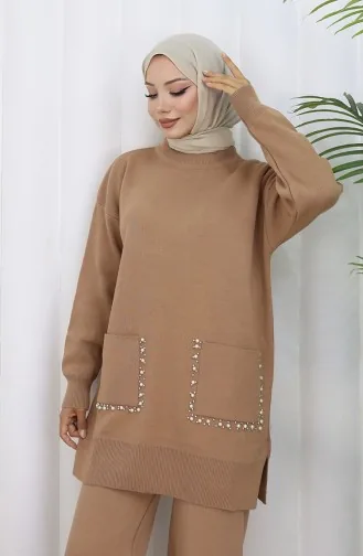 Ensemble Deux Pièces En Tricot Avec Poche Et Perles Tunique Et Pantalon Couleur Café Au Lait 1070-08 1070-08