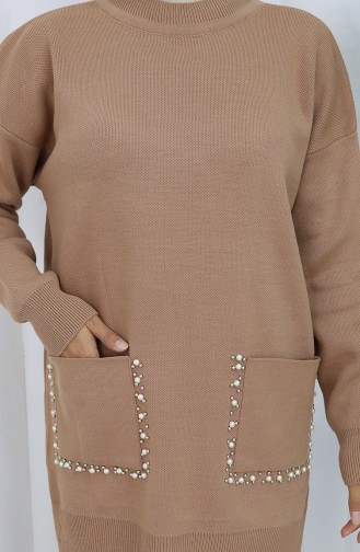 Gebreid Tuniek Met Zak En Parel Tweedelig Pak 1070-08 Melkkoffie 1070-08