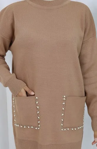 Ensemble Deux Pièces En Tricot Avec Poche Et Perles Tunique Et Pantalon Couleur Café Au Lait 1070-08 1070-08