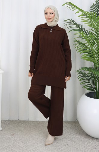 Knitwear Zippered Striped Tunic Trousers Two Piece Suit 1073-02 Brown 1073-02