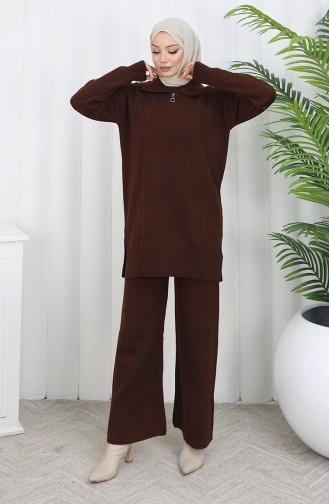 Knitwear Zippered Striped Tunic Trousers Two Piece Suit 1073-02 Brown 1073-02