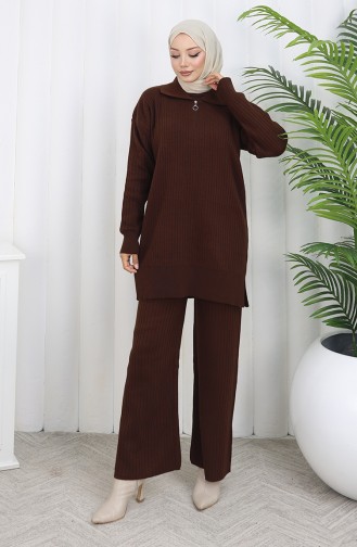 Knitwear Zippered Striped Tunic Trousers Two Piece Suit 1073-02 Brown 1073-02