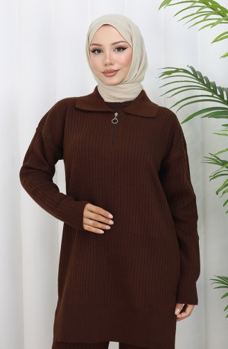 Knitwear Zippered Striped Tunic Trousers Two Piece Suit 1073-02 Brown 1073-02