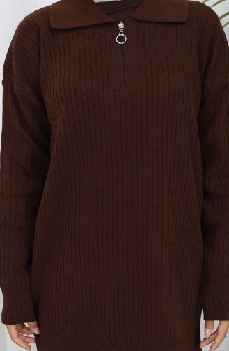 Knitwear Zippered Striped Tunic Trousers Two Piece Suit 1073-02 Brown 1073-02