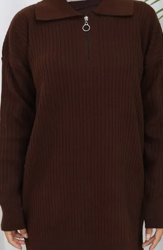 Gebreide Tuniek Met Rits En Strepen Tweedelig Pak 1073-02 Bruin 1073-02