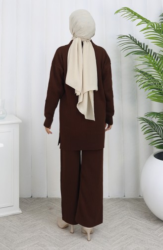 Knitwear Zippered Striped Tunic Trousers Two Piece Suit 1073-02 Brown 1073-02