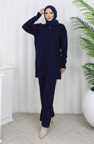 Gebreid Tuniek Met Rits En Strepen Tweedelig Pak 1073-03 Marineblauw 1073-03