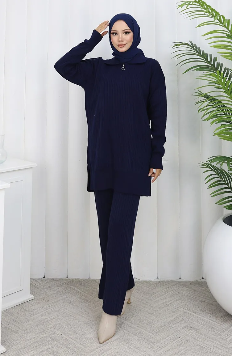 Triko Fermuarlı Çizgili Tunik Pantolon İkili Takım 1073-03 Lacivert