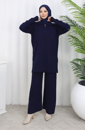 Gebreid Tuniek Met Rits En Strepen Tweedelig Pak 1073-03 Marineblauw 1073-03