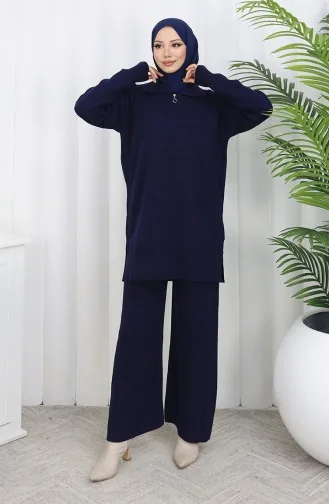 Triko Fermuarlı Çizgili Tunik Pantolon İkili Takım 1073-03 Lacivert