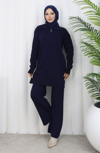 Gebreid Tuniek Met Rits En Strepen Tweedelig Pak 1073-03 Marineblauw 1073-03