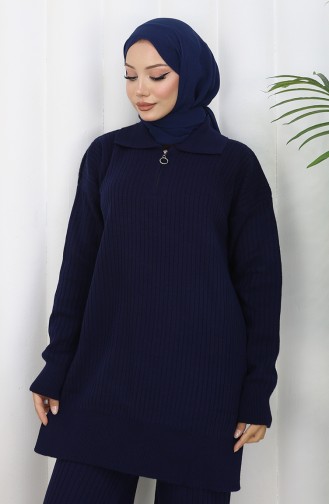 Gebreid Tuniek Met Rits En Strepen Tweedelig Pak 1073-03 Marineblauw 1073-03