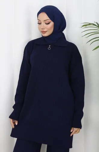 Triko Fermuarlı Çizgili Tunik Pantolon İkili Takım 1073-03 Lacivert