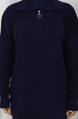 Gebreid Tuniek Met Rits En Strepen Tweedelig Pak 1073-03 Marineblauw 1073-03