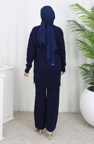 Gebreid Tuniek Met Rits En Strepen Tweedelig Pak 1073-03 Marineblauw 1073-03