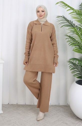 Gebreid Tuniek Met Rits En Strepen Tweedelig Pak 1073-04 Melkkoffie 1073-04