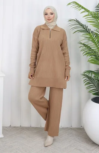 Ensemble Deux Pièces En Tricot Tunique à Rayures Zippées Et Pantalon Couleur Café Au Lait 1073-04 1073-04