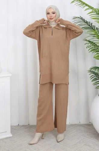 Ensemble Deux Pièces En Tricot Tunique à Rayures Zippées Et Pantalon Couleur Café Au Lait 1073-04 1073-04