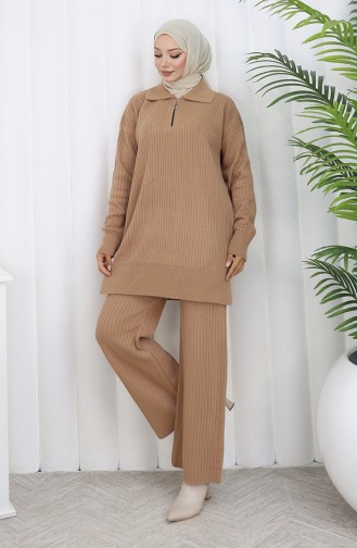 Gebreid Tuniek Met Rits En Strepen Tweedelig Pak 1073-04 Melkkoffie 1073-04