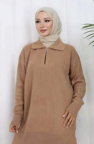 Gebreid Tuniek Met Rits En Strepen Tweedelig Pak 1073-04 Melkkoffie 1073-04