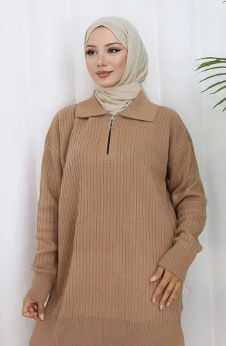 Ensemble Deux Pièces En Tricot Tunique à Rayures Zippées Et Pantalon Couleur Café Au Lait 1073-04 1073-04