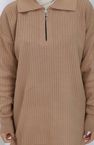 Gebreid Tuniek Met Rits En Strepen Tweedelig Pak 1073-04 Melkkoffie 1073-04