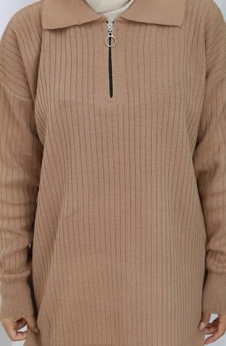 Ensemble Deux Pièces En Tricot Tunique à Rayures Zippées Et Pantalon Couleur Café Au Lait 1073-04 1073-04