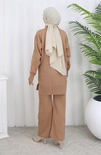 Gebreid Tuniek Met Rits En Strepen Tweedelig Pak 1073-04 Melkkoffie 1073-04