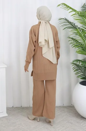 Ensemble Deux Pièces En Tricot Tunique à Rayures Zippées Et Pantalon Couleur Café Au Lait 1073-04 1073-04