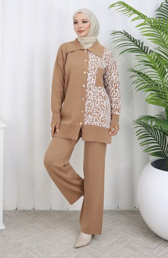 Triko Garnili Düğmeli Tunik Pantolon İkili Takım 1078-02 Sütlü kahve