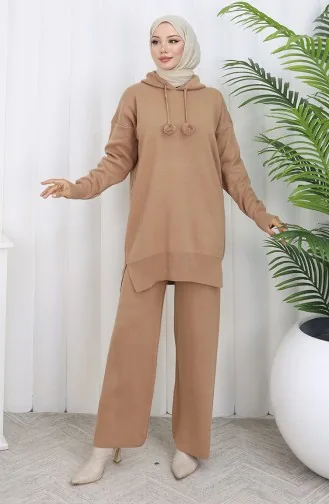 Ensemble Deux Pièces En Tricot Tunique à Capuche Et Pantalon 1079-05 Café Au Lait 1079-05