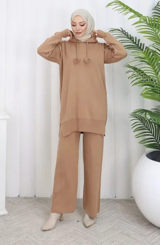 Ensemble Deux Pièces En Tricot Tunique à Capuche Et Pantalon 1079-05 Café Au Lait 1079-05