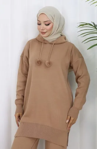 Ensemble Deux Pièces En Tricot Tunique à Capuche Et Pantalon 1079-05 Café Au Lait 1079-05