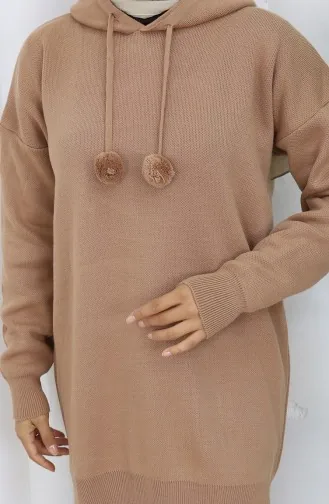 Ensemble Deux Pièces En Tricot Tunique à Capuche Et Pantalon 1079-05 Café Au Lait 1079-05