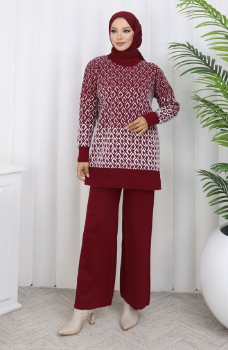 Triko Desenli Tunik Pantolon İkili Takım 1085-03 Bordo