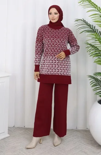 Ensemble Deux Pièces En Tricot Tunique Et Pantalon à Motifs 1085-03 Bordeaux 1085-03