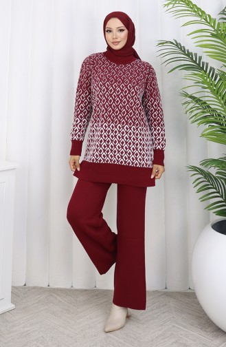 Triko Desenli Tunik Pantolon İkili Takım 1085-03 Bordo