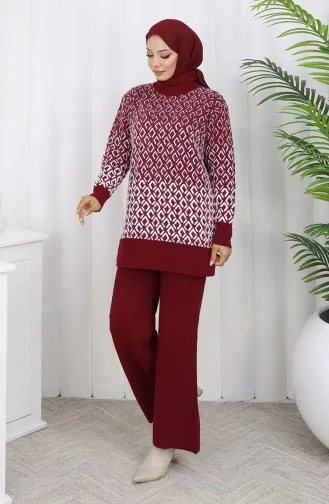 Ensemble Deux Pièces En Tricot Tunique Et Pantalon à Motifs 1085-03 Bordeaux 1085-03