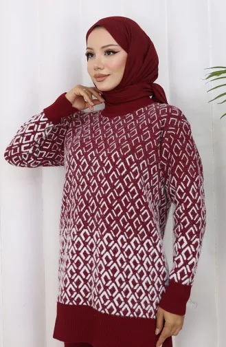 Ensemble Deux Pièces En Tricot Tunique Et Pantalon à Motifs 1085-03 Bordeaux 1085-03