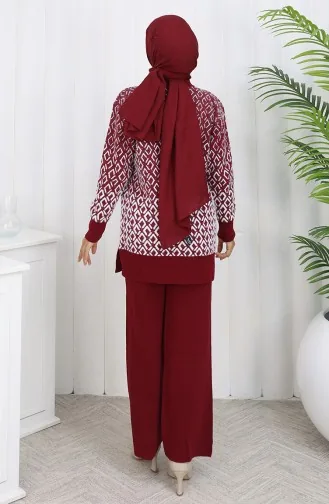 Ensemble Deux Pièces En Tricot Tunique Et Pantalon à Motifs 1085-03 Bordeaux 1085-03