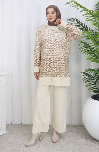 Gebreid Patroon Tuniek Broek Tweedelig Pak 1085-05 Beige 1085-05